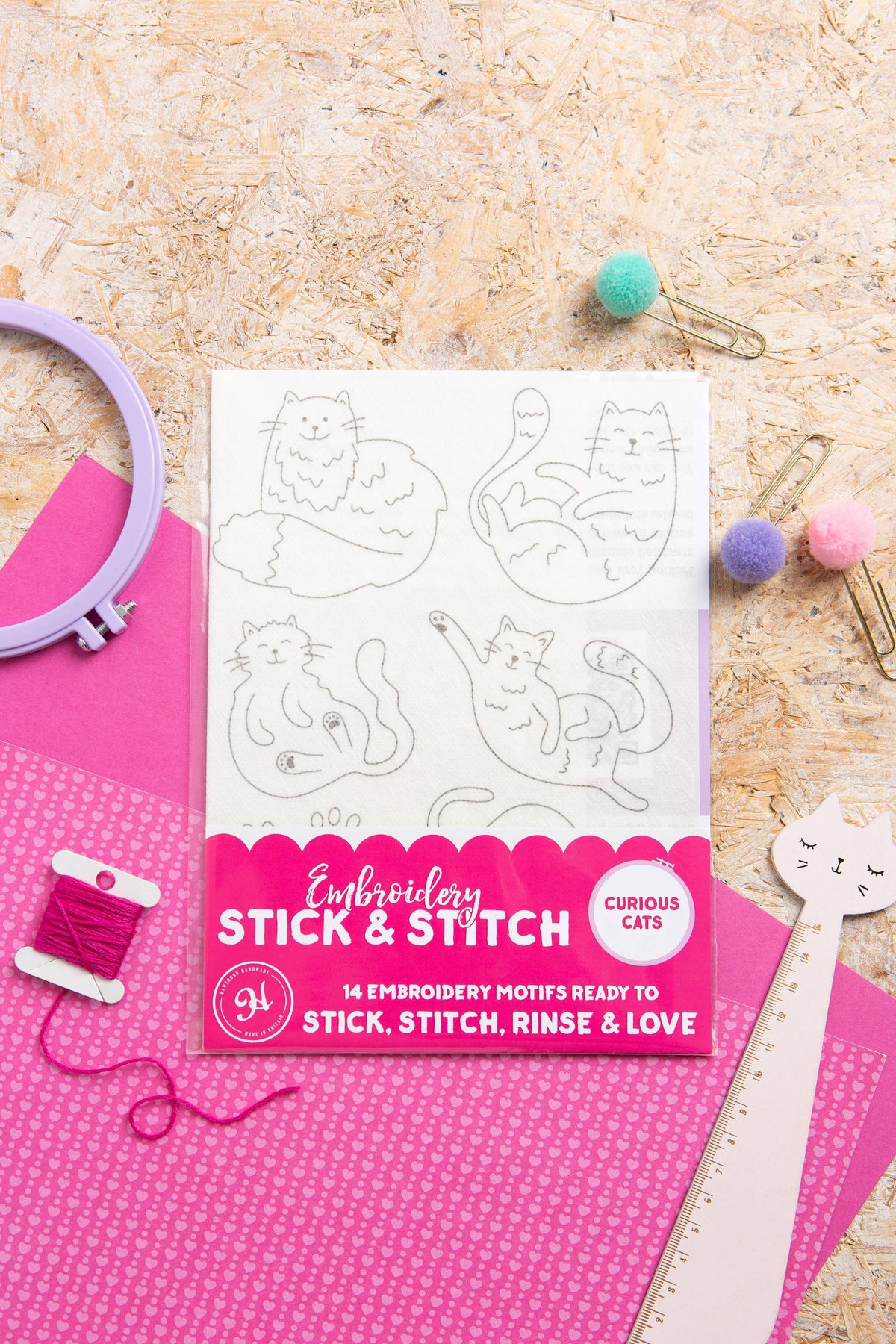 Hawthorn Handmade Curious Cats Stick & Stitch Embroidery Pack