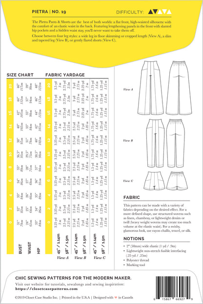 Closet Core Patterns Pietra Shorts and Pants